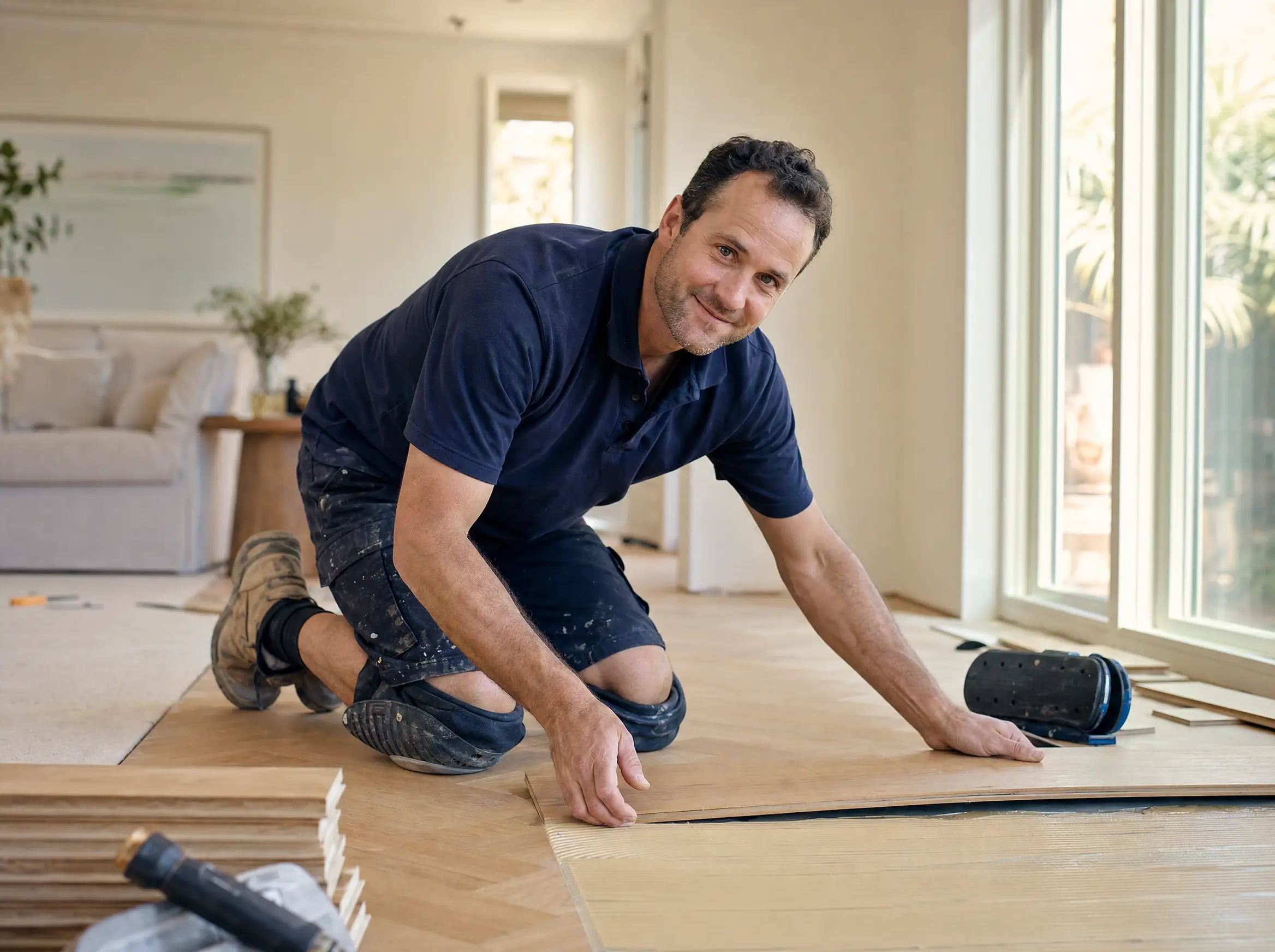 Tradesman laying engineered oak flooring in a bright Sydney living room