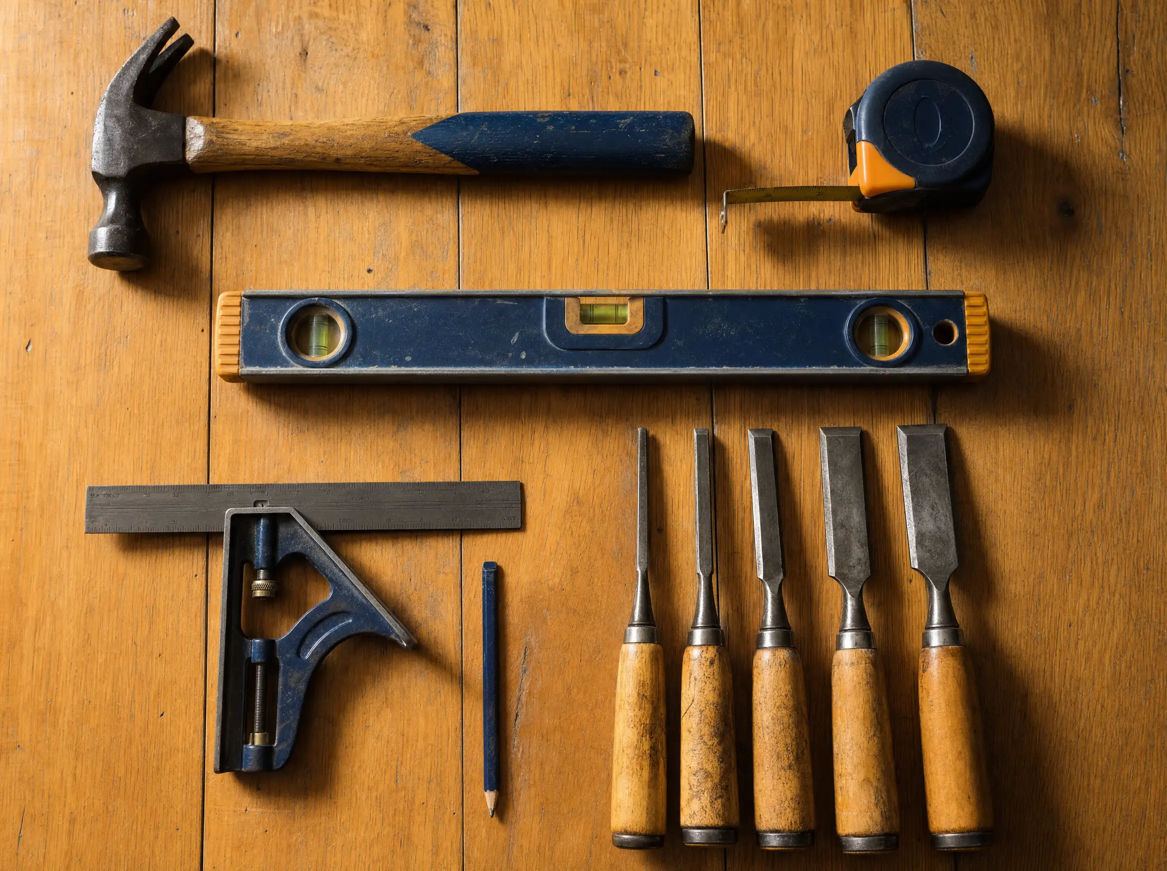 Quality hand tools laid out on new oak floorboards