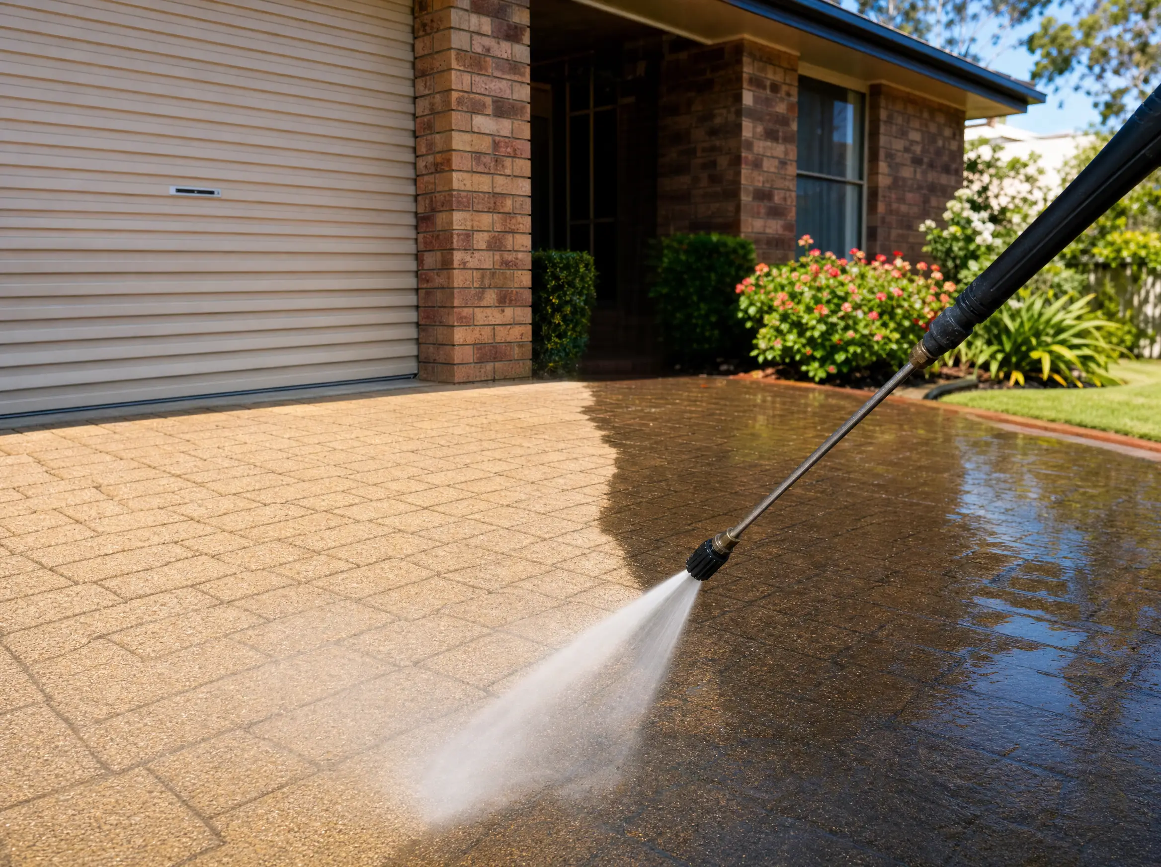 Pressure washing a paved driveway at a suburban home