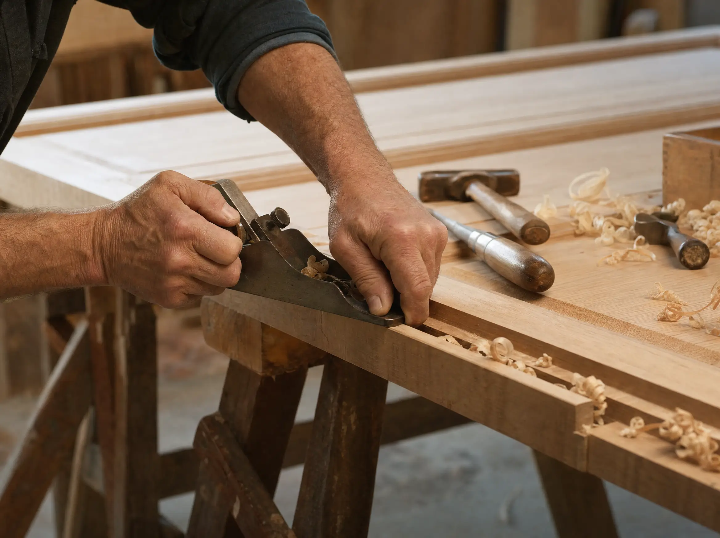Carpenter planing the edge of a timber door